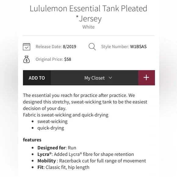 Lululemon NWT Essential Tank Top Pleated in White Size 14 - Picture 6 of 10